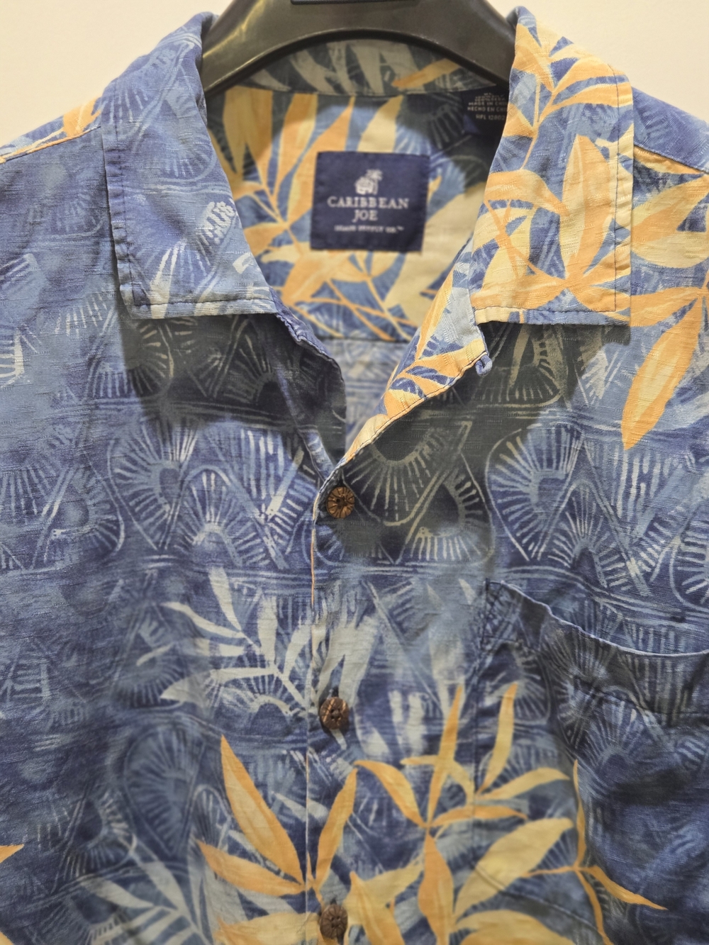 Caribbean Joe Men's Blue & Yellow Tropical Silk Button-Up Shirt